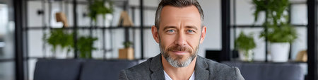 Confident Middle Aged Business Executive With a Warm Smile in a Modern Office Surrounded by Greeneryの素材