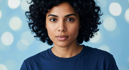 Elegant Studio Portrait of an Attractive Woman with Stylish Curl Hair and Confident Charm in Navyの素材