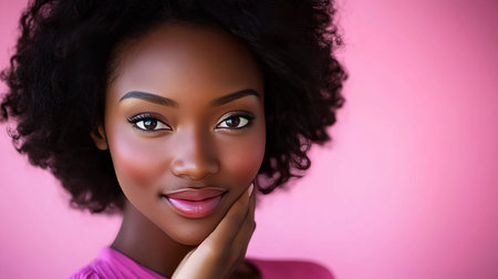 Radiant Portrait of a Beautiful Black Woman Embracing Grace and Serenity with Vibrant Eleganceの素材