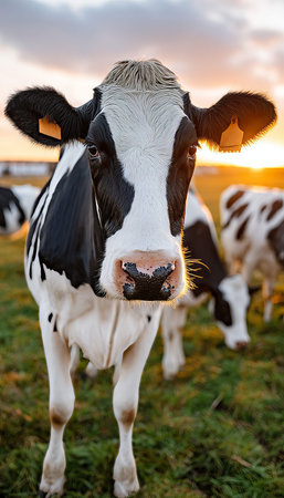 Scenic Dutch Belted Cattle Resting Peacefully on a Lush Green Meadow at Dusk with Beautiful Sunlightの素材