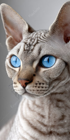 Charming Devon Rex Cat with Expressive Blue Eyes Posing Elegantly Against a Soft Gray Backgroundの素材