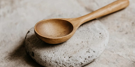 Rustic Wooden Spoon Resting on Textured Rock, Artistic Composition in Natural Light for Kitchenwareの素材