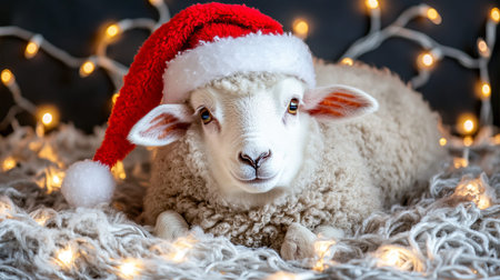 Festive Sheep Portrait Wearing a Christmas Hat Surrounded by Colorful Holiday Lights and Decorの素材