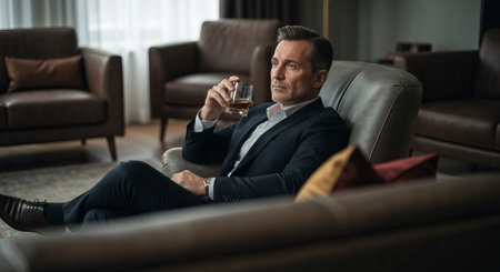 Solemn businessman sits in a modern home office, contemplatively drinking while lost in thought.の素材