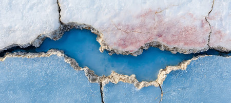 Icy Landscape with Fractured Ground, Reflecting Brilliant Hues and Crystal Textures in Natureの素材