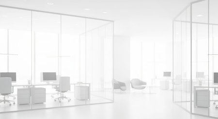Modern Office Interior with Glass Walls, Soft Lighting, and Minimalist Design for an Open Workspaceの素材