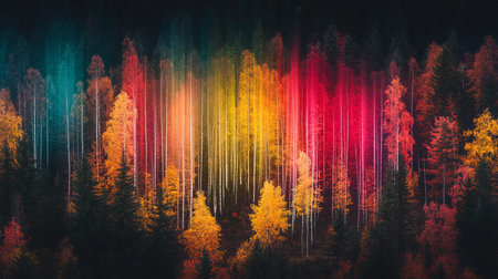 A Majestic Autumn Forest with Vibrant Red, Orange, and Yellow Leaves Under a Clear Blue Skyの素材