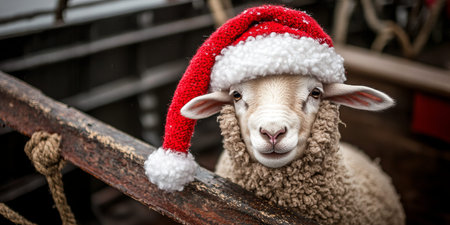 Whimsical Christmas Celebration with Sheep in Santa Hats Aboard a Festive Nautical Voyageの素材