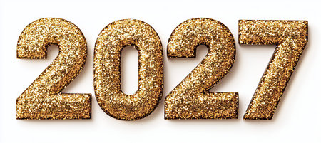 Elegant Sparkly Year 2027 Celebration with Golden Glitter Letters and Numbers on White Backgroundの素材