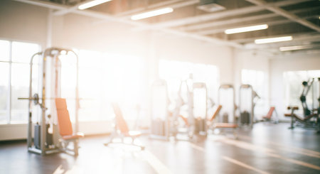 Bright Gym Interior with Ethereal Natural Light, Modern Fitness Equipment, and Dreamy Ambienceの素材