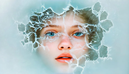 A Surreal Woman s Face Emerging from Cracked Ice, Capturing the Ethereal Beauty of Winter s Chillの素材