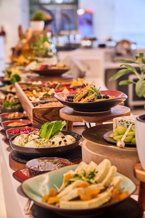 catering buffet food indoor in luxury restaurant with meat and vegetables