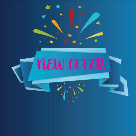 NEW OFFER isolated on BLUE background. Realistic vector paper template for promo and sale advertising. - Vectorのイラスト素材