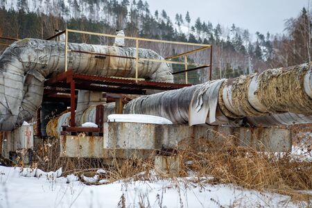 old pipeline on the edge of the city with torn insulationの写真素材