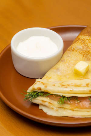 Delicious pancake with sour creamの写真素材