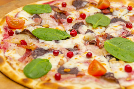 Pizza with venison and cranberriesの写真素材