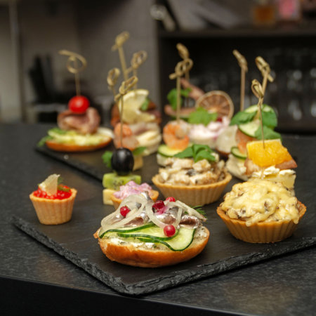 Assorted canapes and tartlets for a buffet tableの写真素材