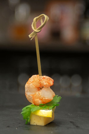 Cheese and shrimp buffet canapeの写真素材