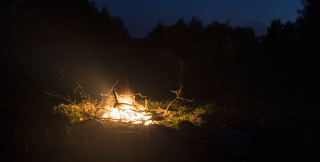 Campfire at night near the lake nad treesの写真素材