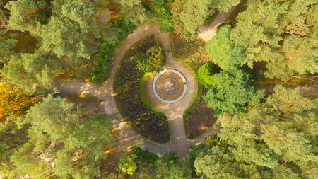 Fountain in park in autumn from droneの写真素材