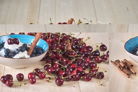 Delicious dessert. Ice cream with blueberries, cinnamon and cherries.の写真素材