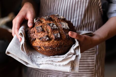 Concept of homemade bread, small bakery, natural farm products, domestic production. Healthy, tasty organic food. Woman in apron holding round whole grain bread freshly baked in her hands. Close upの写真素材