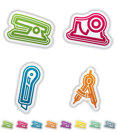 Office Supply Objects: Stapler, Adhesive tape, Utility knife, Caliper.
Group of four icons. All icons are part of the "Green Stickers Icons Set", made in 8 different CMYK color option placed on separate layers.のイラスト素材