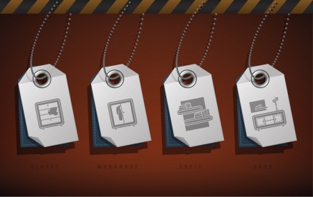 House related objects from left to right:  Closet, Wardrobe, Shelf, Rack. This artwork are part of the White label Icons set and saved as a EPS version 10. のイラスト素材