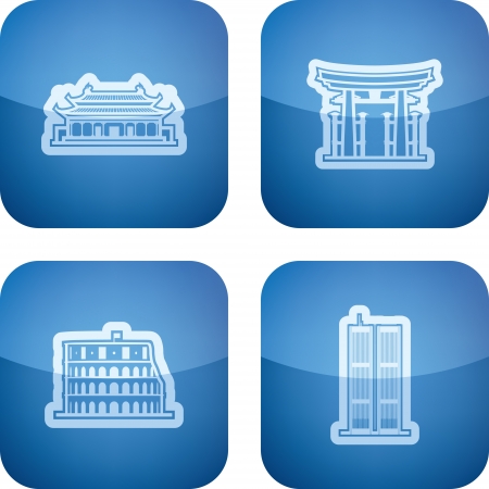 Most famous Architecture Landmarks Around the World, pictured here from left to right, top to bottom: 
Forbidden City (China), Torii Gate (Japan), Colosseum (Italy), Twin Towers (USA).のイラスト素材