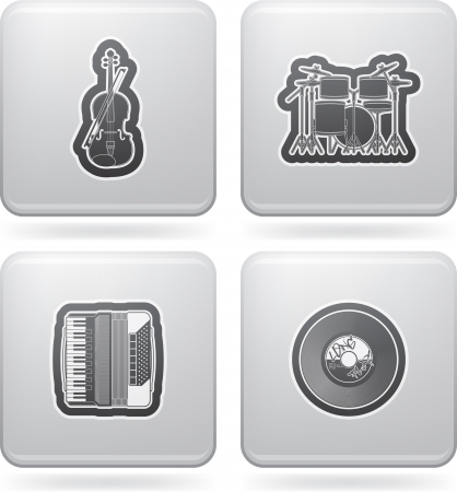 Music and music instruments theme, pictured here from left to right, top to bottom: 
Violin, Drums (Percussion), Accordion, Vinyl. のイラスト素材
