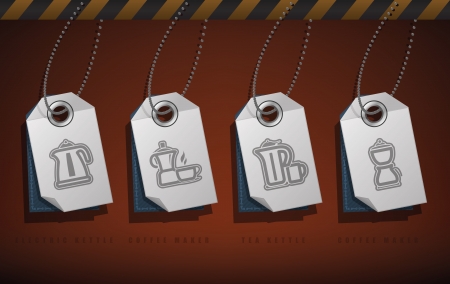 House related objects from left to right:  
Electric Kettle, Coffee maker, Tea kettle, Coffee maker. のイラスト素材