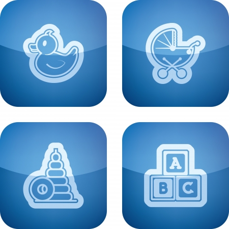 Safe playtime: Kids toys, pictured here from left to right, top to bottom:  
Rubber duck, Baby stroller, Blocks, Letter blocks. 
のイラスト素材