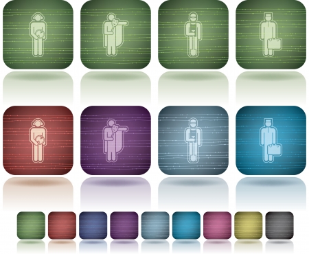 Man's occupation icons set from left to right: 
DJ, Actor, Worker, Hotel staff. 
のイラスト素材