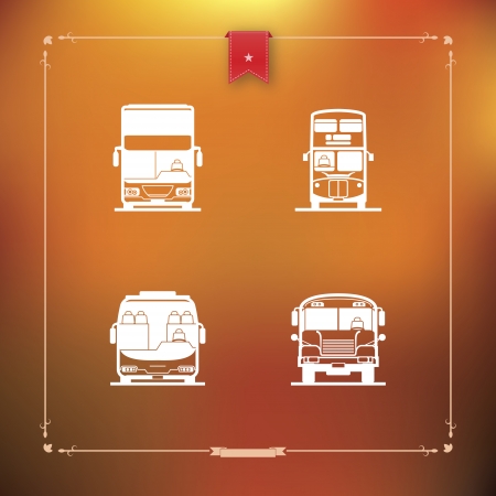 Public transport - various land vehicles, pictured here from left to right, top to bottom: Modern double decker bus, Old fashion double decker bus, Tour bus, School bus.  Autumn style vector icons set (with some transparent objects) saved as an EPS v. 1のイラスト素材