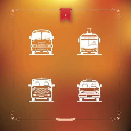 Public transport - various land vehicles, pictured here from left to right, top to bottom: 
Old fashion bus, Trolleybus, Minibus, Taxi car. 
Autumn style vector icons set (with some transparent objects) saved as an EPS v. 10のイラスト素材