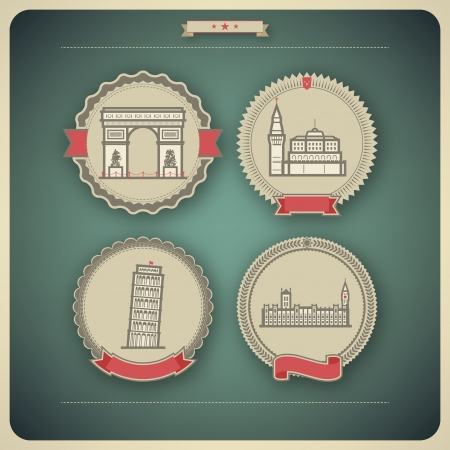 Most famous Architecture Landmarks Around the World, pictured here from left to right, top to bottom: 
Triumphal Arch (France), Kremlin (Russia), Leaning Tower of Pisa (Italy), House of Parliment (England), 
Vector icon badges set (transparent shadow applのイラスト素材