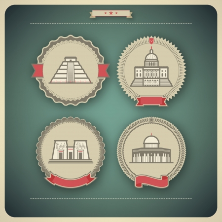 Most famous Architecture Landmarks Around the World, pictured here from left to right, top to bottom: 
Chichen Itza (Peru), Capital (USA), Aswan Temple (Egypt), Dome of the Rock (Israel), 
Vector icon badges set (transparent shadow applied in this file) sのイラスト素材