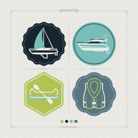 4 vector icons related to ships, boats and other objects/symbols in relation to boat swimming, pictured here from left to right, top to bottom: 
Sailboat (yacht), Motorboat, Canoe, Lifejacket. 
Tricolors icons set saved as an EPS version 10.のイラスト素材