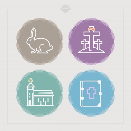 Icons and symbols of the Christian Easter rituals, from left to right, top to bottom: 
Easter bunny, Crosses on the Mount of Olives, Church, Bible. のイラスト素材