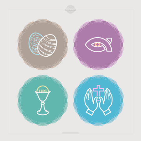 Icons and symbols of the Christian Easter rituals, from left to right, top to bottom: 
Easter eggs, Symbol of Christianity, Chalice, Praying hands. のイラスト素材