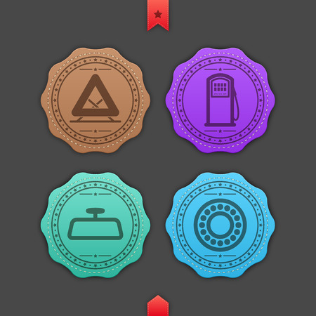 Car parts and accessories, from left to right: 
Warning triangle, Fuel pomp, Car mirror, Balls bearing. 
Leather style vector Icons set (with some transparent object used) saved as EPS v. 10)のイラスト素材