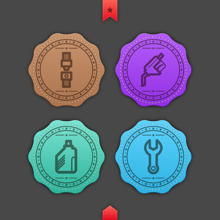 Car parts and accessories, from left to right: Seat belt, Fuel pistol, Oil bottle, Wrench. Leather style vector Icons set (with some transparent object used) saved as EPS v. 10)のイラスト素材