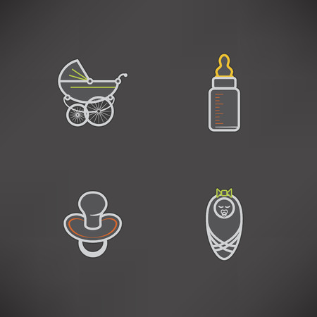 Safe playtime: Kids toys, pictured here from left to right, top to bottom:  
Baby buggy, Baby bed, Baby car seat, Nappy. 
Simply modern flat grey icons set saved as an EPS version 10.のイラスト素材