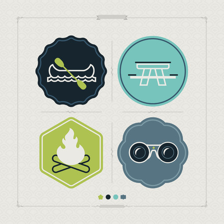 4 icons in relations to summer outdoor activity, pictured here from left to right, top to bottom: 
Canoe with paddle, Picnic table, Camp fire, Binoculars. 
Tricolors icons set saved as an EPS version 10.のイラスト素材