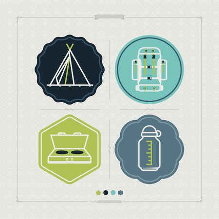 4 icons in relations to summer outdoor activity, pictured here from left to right, top to bottom: 
Tipi, Backpack, Camp stove, Bottle cage. 
Tricolors icons set saved as an EPS version 10.のイラスト素材
