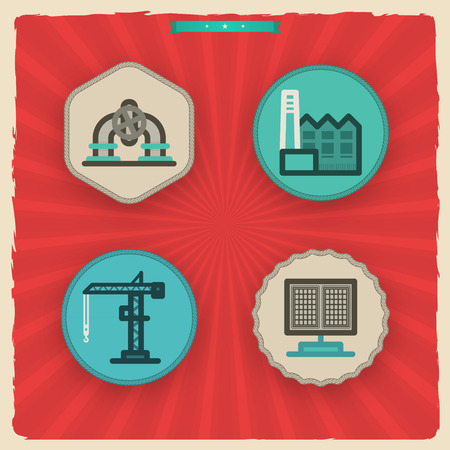 Industry & Heavy industry icons set, pictured here from left to right - 
Oil pipe, Production Mill, Crane, Solar panels.
'Sundown' Style Vector Icons Set saved as an EPS v. 10のイラスト素材