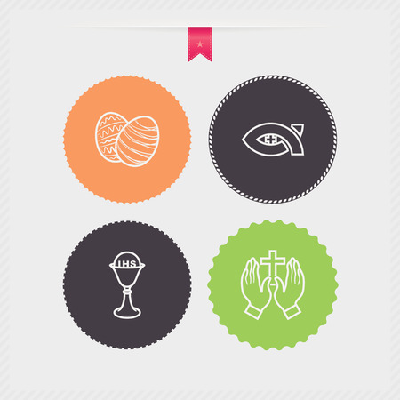 Four concept icons: spring, from left to right, top to bottom - 
Easter eggs, Symbol of Christianity, Chalice, Praying hands.のイラスト素材