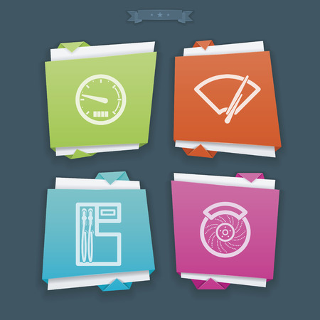 Car parts and accessories, from left to right - 
Speedometer, Fuel indicator, Fuel pump, Disk brake. 
のイラスト素材