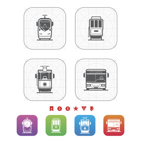 All about food, appliances, objects and other things in relation to Barbecue, pictured here from left to right, top to bottom - 
Modern Tramway, 20. Century Tramway, Old fashion electric tramway, City bus.のイラスト素材