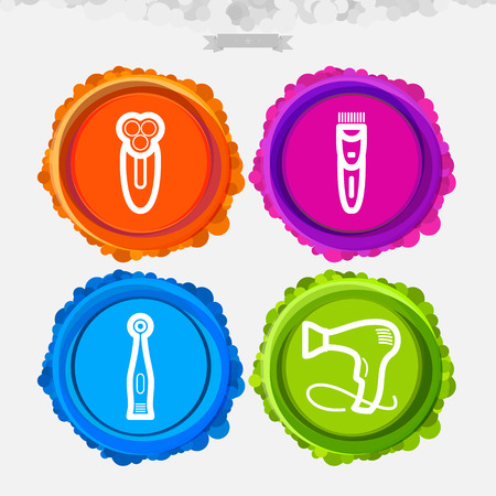 Bathroom Utensils and other related everyday things, from left to right - 
Rotary razor, Hair clipper, Electric toothbrush, Hair dryer.のイラスト素材